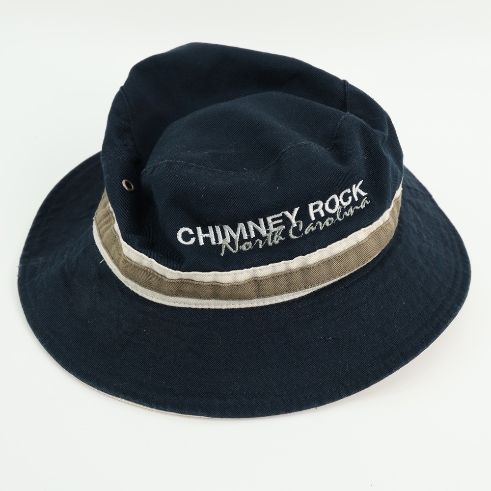 Chimney Rock North Carolina Bucket Hat Navy Blue‎ Striped Brim Mens